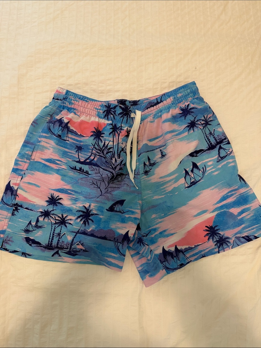 chubbies Blue and Pink Palm-Print Swim Trunks
